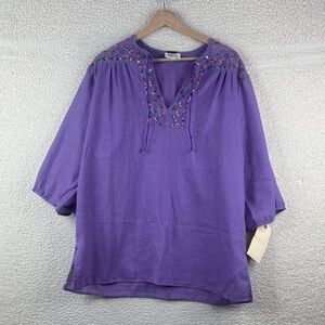 Topics Womens Purple Embroidery V Neck Loose Fit Linen Blend Blouse Size 16